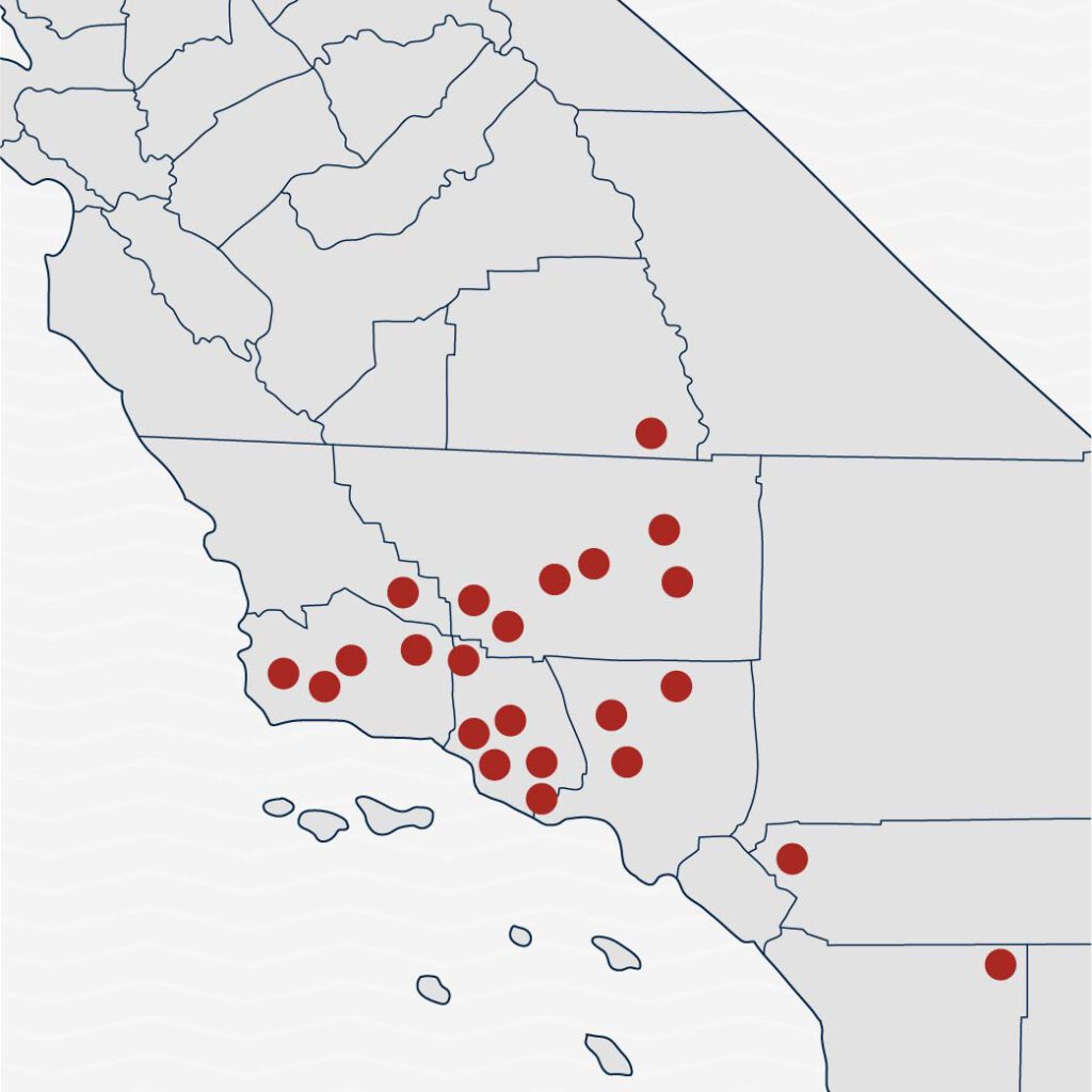 California map with every city where Nova's Construction and Renovation Inc. services marked.